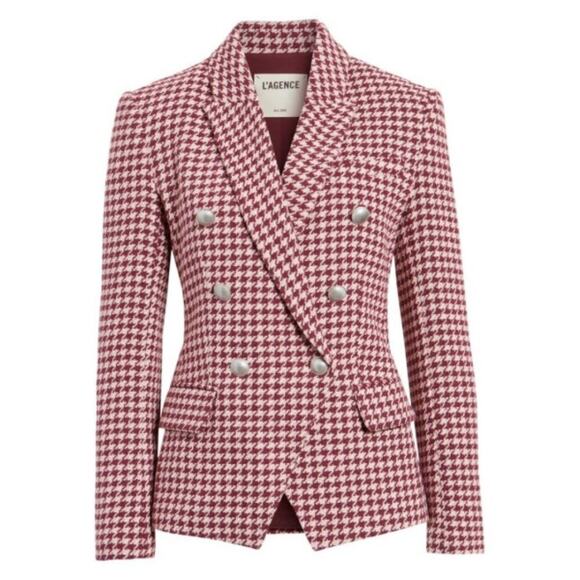 L'AGENCE Jackets & Blazers - NWT L’Agence Burgundy/Pink Houndstooth Tweed Blazer Double Breasted Women's 10